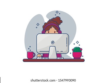 Vector flat illustration with cartoon african american girl student.  Girl freelancer sits at a computer in headphones.  In the office on the table is a mug of coffee, a cactus and a monitor.
