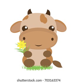 Vector flat  illustration. Cartoon animal. A nice little cow is sitting on the grass.  Flower decoration. ?ute little cow. ?alf cow. Baby calf.