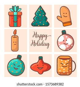 Vector flat illustration of cartoon christmas set