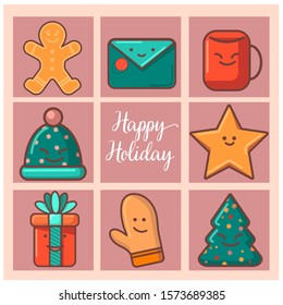 Vector flat illustration of cartoon christmas set