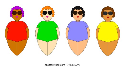 Vector flat illustration with cartoon colorful fat women isolated on white background. Different cute women in swimming suit.