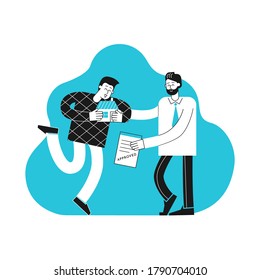 Vector flat illustration. Cartoon customer holds home, mortgage broker gives him accepted contract after bank aprroved loan to buy home. Successful deal. Happy young mortgagor. Minimalistic concept