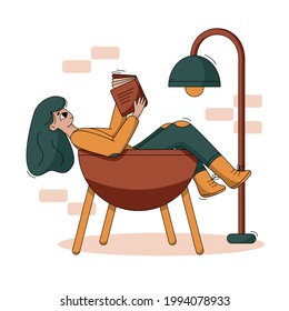 Vector flat illustration. Cartoon cute girl is reading book.