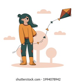 Vector flat illustration. Cartoon cute girl with kite.
