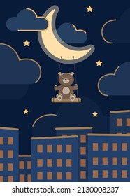 vector flat illustration, cartoon cute teddy bear on a swing on the moon in the night city. fairy tale illustration of city night with stars