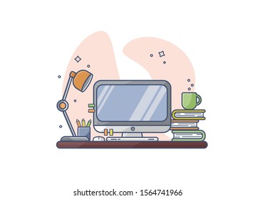 Vector flat illustration with cartoon education place. At the workplace there is a table lamp, an organizer with pencils, a monitor, books, textbooks. On the books is a mug of coffee.Student workplace