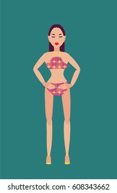 a vector flat illustration; cartoon female character; a girl wearing fashionable swimming suit; patterned clothes