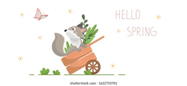 
Vector flat illustration with cartoon fox. A gray fox sits in a garden cart and looks at a butterfly. Banner with the inscription: Hello Spring. Isolated on a white background.