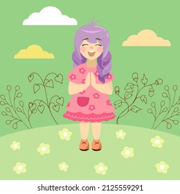 vector flat illustration of a cartoon girl on the field, landscape