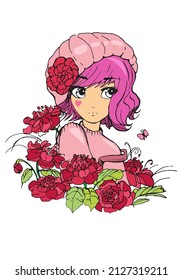 vector flat illustration of a cartoon girl with flowers