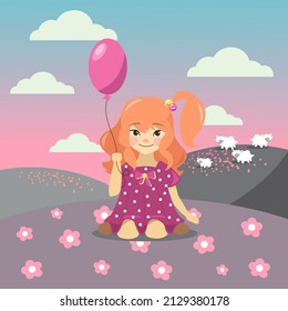 vector flat illustration of a cartoon girl on the field, landscape