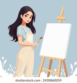 Vector flat illustration of a cartoon girl artist standing next to a wooden easel for painting.