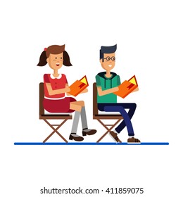 Vector flat illustration of cartoon kids reading book. Boy and girl sitting and reading book. Educational books. Smart kids like to read books. Teenagers read literature magazines