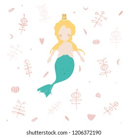 Vector flat illustration. Cartoon mermaid on flower pattern. Theme for children. 