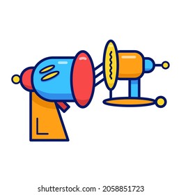 Vector flat illustration with cartoon retro blaster. Blue and yellow laser weapon or ray gun on isolated white background. 