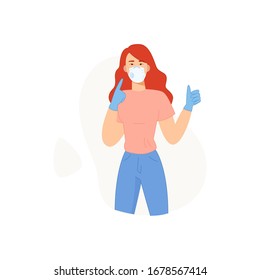 Vector flat illustration. Cartoon style. Concept of coronavirus quarantine. Woman in white medical face mask. Poster or banner. Health care concept.
