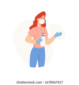  Ilustración plana vectorial. Estilo de caricatura. Mujer joven. Coronavirus en el mundo. Sanitizar con alcohol. Gel anidante para la mano. Fondo blanco.