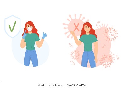 Vector flat illustration. Cartoon style. Young woman with medical mask and without mask. Stop epidemic concept. Diseases and epidemics. Way to safe from virus infections.