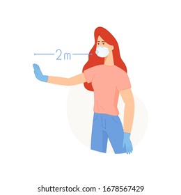 Vector flat illustration. Cartoon style. Young woman. Stop epidemic concept. Way to safe from virus infections.  Covid-19 prevention. Social distancing.