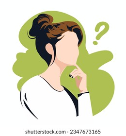 Vector flat illustration in cartoon style. Anonymous young woman with dark hair thinks. Modern banner template with question marks in green colors.