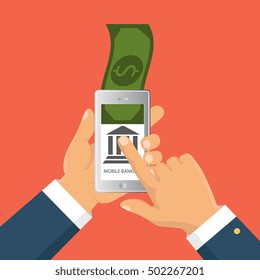 Vector flat illustration. Flat cartoon style. Send money via smartphone. Concept for mobile banking and online payment.