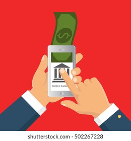 Vector flat illustration. Flat cartoon style. Send money via smartphone. Concept for mobile banking and online payment.
