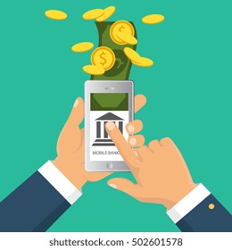 Vector flat illustration. Flat cartoon style. Send money via smartphone. Concept for mobile banking and online payment.