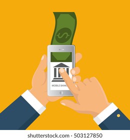 Vector flat illustration. Flat cartoon style. Send money via smartphone. Concept for mobile banking and online payment.