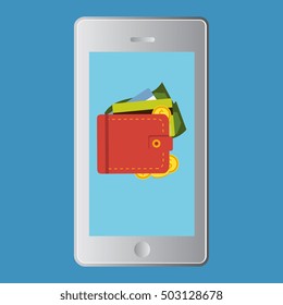 Vector flat illustration. Flat cartoon style. Send money via smartphone. Concept for mobile banking and online payment.