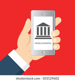 Vector flat illustration. Flat cartoon style. Send money via smartphone. Concept for mobile banking and online payment.