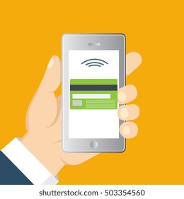 Vector flat illustration. Flat cartoon style. Send money via smartphone. Concept for mobile banking and online payment. 