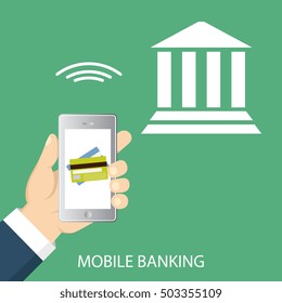 Vector flat illustration. Flat cartoon style. Send money via smartphone. Concept for mobile banking and online payment. 