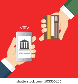 Vector flat illustration. Flat cartoon style. Send money via smartphone. Concept for mobile banking and online payment. 