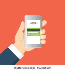 Vector flat illustration. Flat cartoon style. Send money via smartphone. Concept for mobile banking and online payment. 