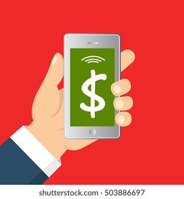Vector flat illustration. Flat cartoon style. Send money via smartphone. Concept for mobile banking and online payment. 