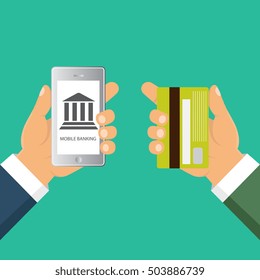 Vector flat illustration. Flat cartoon style. Send money via smartphone. Concept for mobile banking and online payment. 