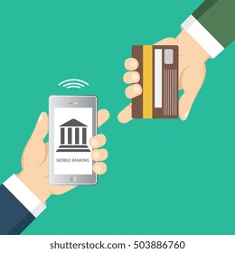 Vector flat illustration. Flat cartoon style. Send money via smartphone. Concept for mobile banking and online payment. 