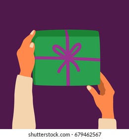 a vector flat illustration; cartoon style hands holding or giving a gift box with a ribbon; a digital hand draw; an infographic design element