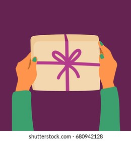 a vector flat illustration; cartoon style hands holding or giving a gift box with a ribbon; a digital hand draw; an infographic design element
