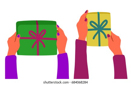 a vector flat illustration; cartoon style hands holding or giving a gift box with a ribbon; a digital hand draw; an infographic design element
