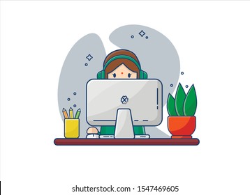 Vector flat illustration with cartoon support woman. Indian woman in headphones works in an office behind a computer. A worker has a pencil organizer and a flower pot on the table.