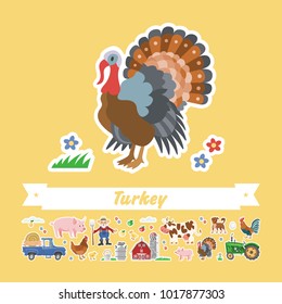 Vector flat illustration of cartoon turkey. Comic isolated funny turkeycock. Farming collection isolated stickers. Charater bubbly jock.
