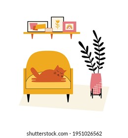 Vector flat illustration with a cat sleeping on an armchair. Modern interior items for room: seat, houseplant, shelf, carpet, pictures