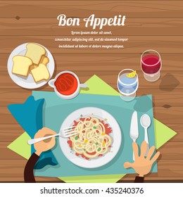 Vector flat illustration catering party with people hands and a table of dishes from the menu, top view