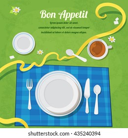Vector flat illustration catering party with people hands and a table of dishes from the menu, top view