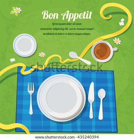 Vector flat illustration catering party with people hands and a table of dishes from the menu, top view