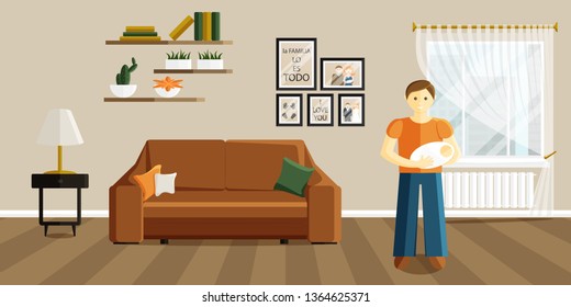 Vector Flat Illustration of Change of Gender Roles. Man on Maternity Leave. Father Holds a Baby. Design of Interior in Living Room. Phrase in Spanish in Illustration means that family is everything