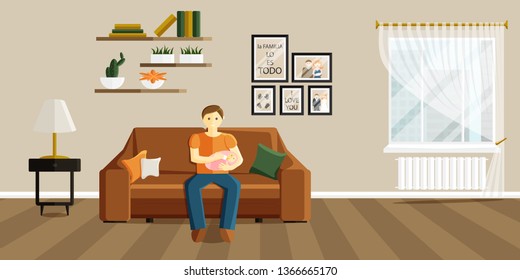 Vector Flat Illustration of Change of Gender Roles. Man on Maternity Leave. Father Feeds Baby from Bottle and Sits on Sofa. Phrase in Spanish in Illustration means that family is everything