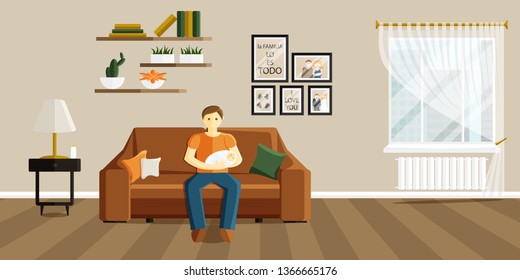 Vector Flat Illustration of Change of Gender Roles. Drawing of Man on Maternity Leave. Father Holds Baby and Sits on Sofa. Phrase in Spanish in Illustration means that family is everything