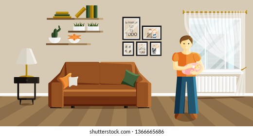 Vector Flat Illustration of Change of Gender Roles. Man on Maternity Leave. Father Feeds Baby from Bottle. Design of Living Room. Phrase in Spanish in Illustration means that family is everything